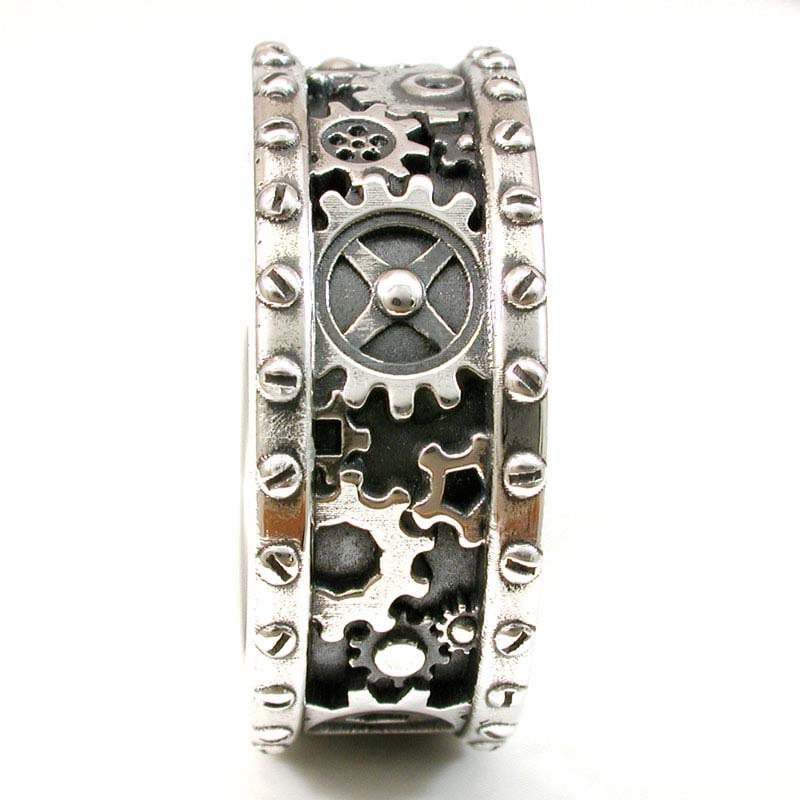 SteamPunk Mens Silver Ring - Gears and Rivets - Industrial Steam Punk - Handmade Gear Ring