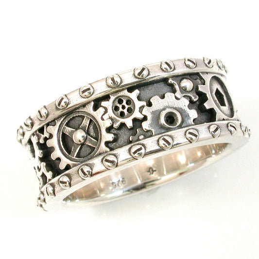 SteamPunk Mens Silver Ring - Gears and Rivets - Industrial Steam Punk - Handmade Gear Ring