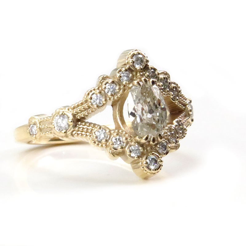 Oval Diamond Split Shank Engagement Ring Leaf Art Deco with Diamonds and Milgrain - 14k Yellow Gold White or Light Yellow Diamond