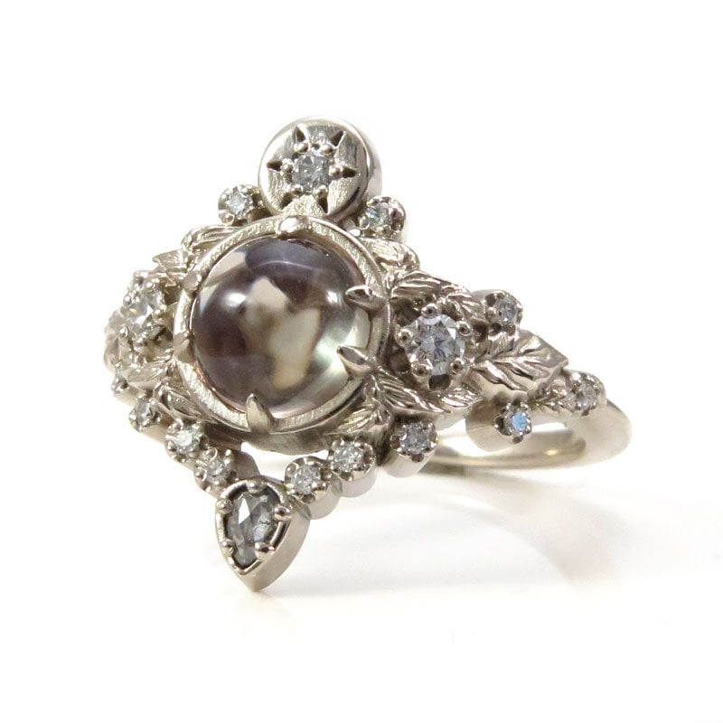 Freya Engagement Ring with Leaves and Pear Salt & Pepper Diamond - Custom Pick your Center Stone - 14k White Gold, Yellow Gold or Rose Gold