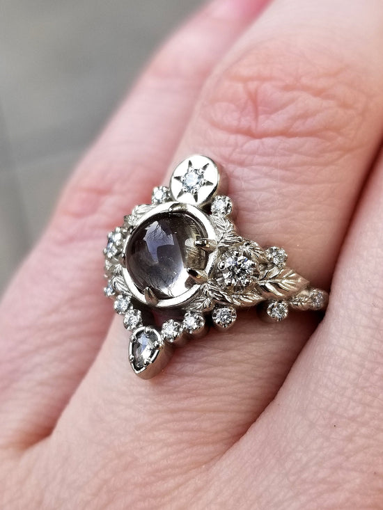 Freya Engagement Ring with Leaves and Pear Salt & Pepper Diamond - Custom Pick your Center Stone - 14k White Gold, Yellow Gold or Rose Gold