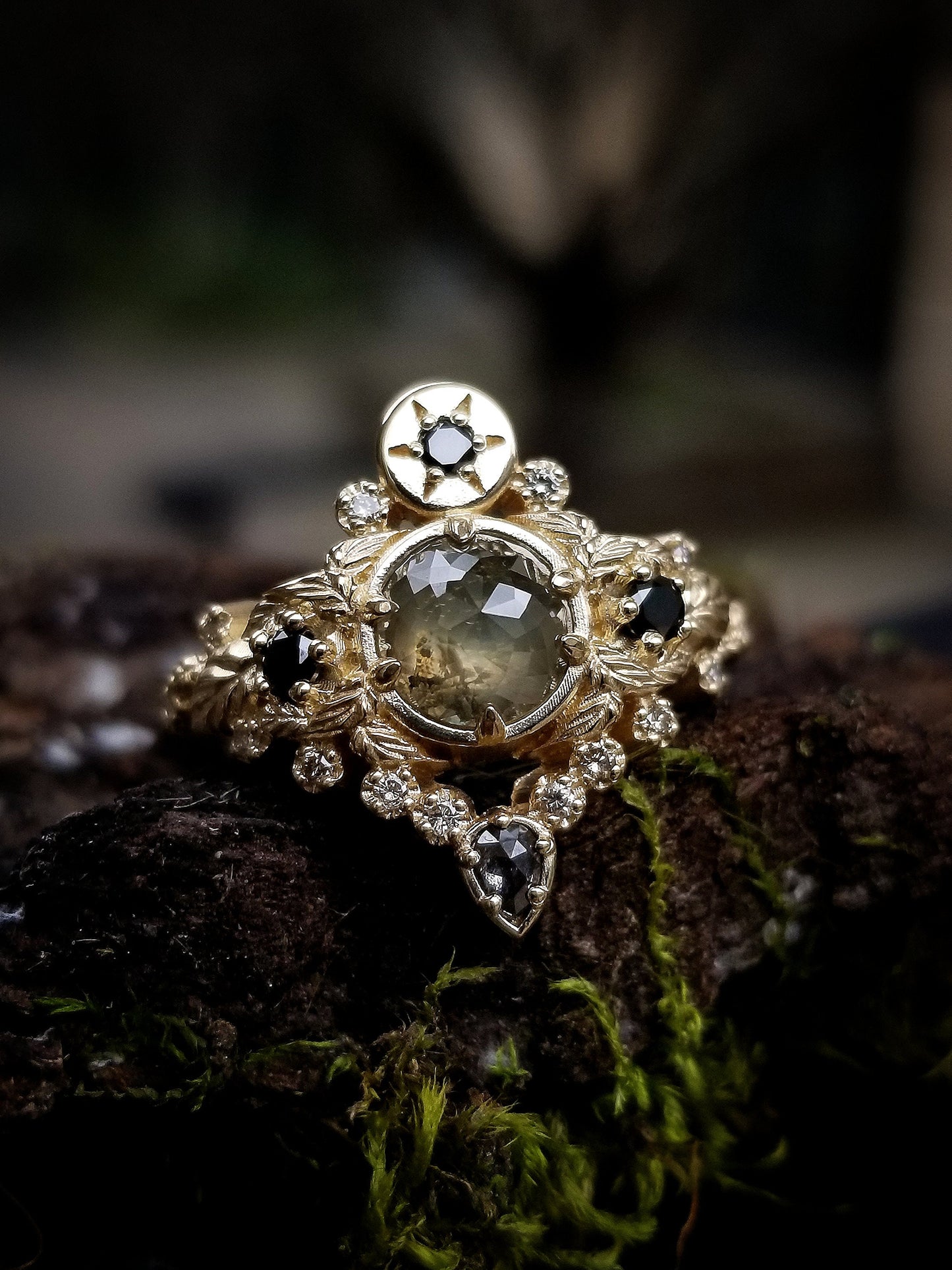 Freya Engagement Ring with Leaves and Pear Salt & Pepper Diamond - Custom Pick your Center Stone - 14k White Gold, Yellow Gold or Rose Gold