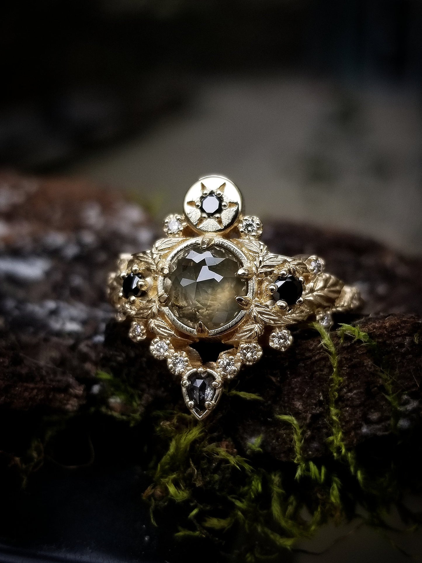 Freya Engagement Ring with Leaves and Pear Salt & Pepper Diamond - Custom Pick your Center Stone - 14k White Gold, Yellow Gold or Rose Gold
