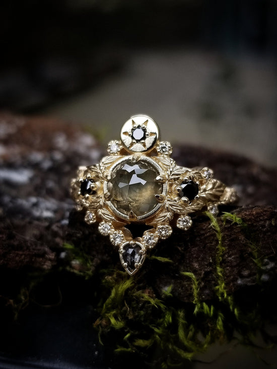 Load image into Gallery viewer, Freya Engagement Ring with Leaves and Pear Salt &amp;amp; Pepper Diamond - Custom Pick your Center Stone - 14k White Gold, Yellow Gold or Rose Gold
