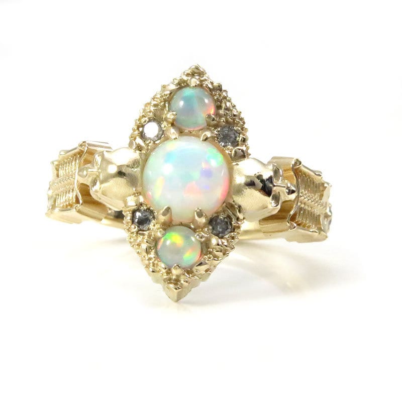 Gothic Skeleton Engagement Ring with Chatham Opals and Diamonds - 14k Yellow Gold - Grunge Alternative Wedding Promise Ring Memento Mori
