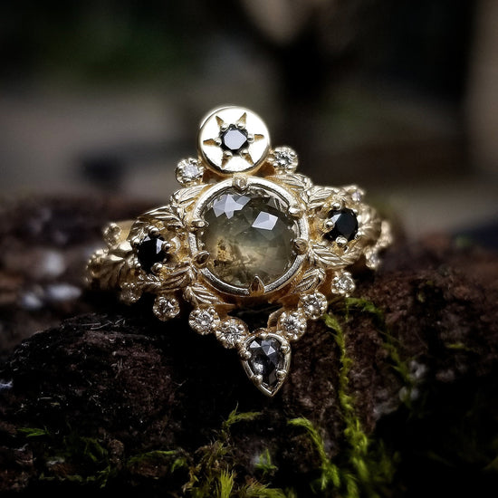 Freya Engagement Ring with Leaves and Pear Salt & Pepper Diamond - Custom Pick your Center Stone - 14k White Gold, Yellow Gold or Rose Gold