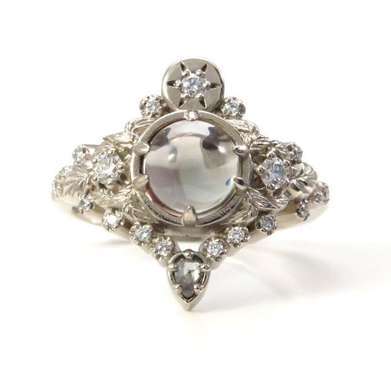 Freya Engagement Ring with Leaves and Pear Salt & Pepper Diamond - Custom Pick your Center Stone - 14k White Gold, Yellow Gold or Rose Gold