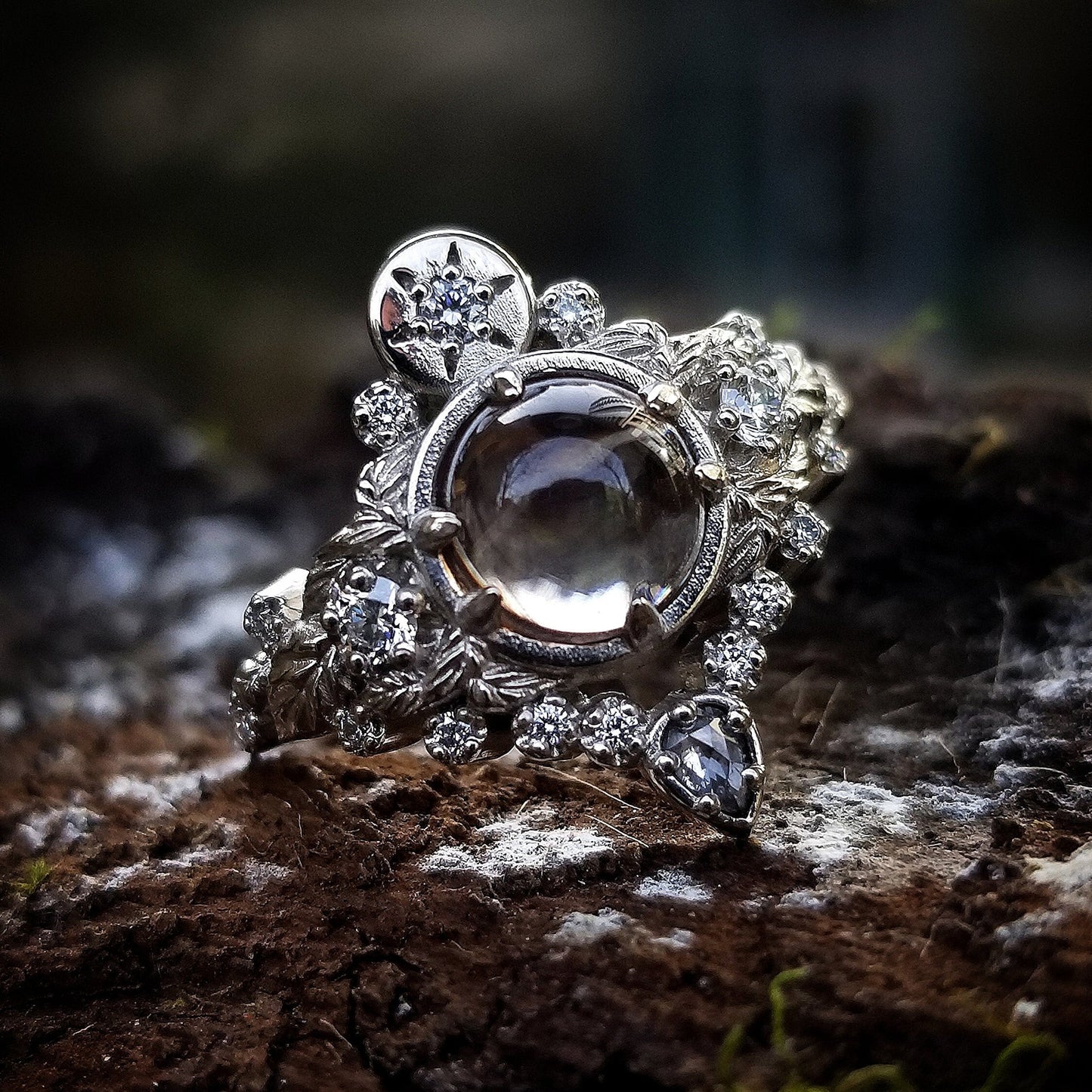 Freya Engagement Ring with Leaves and Pear Salt & Pepper Diamond - Custom Pick your Center Stone - 14k White Gold, Yellow Gold or Rose Gold