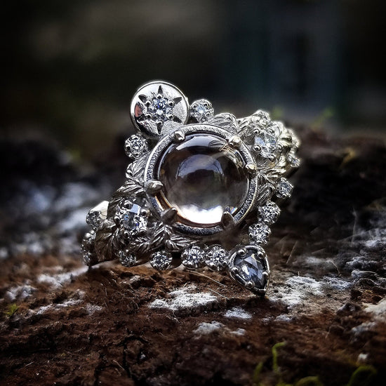 Freya Engagement Ring with Leaves and Pear Salt & Pepper Diamond - Custom Pick your Center Stone - 14k White Gold, Yellow Gold or Rose Gold