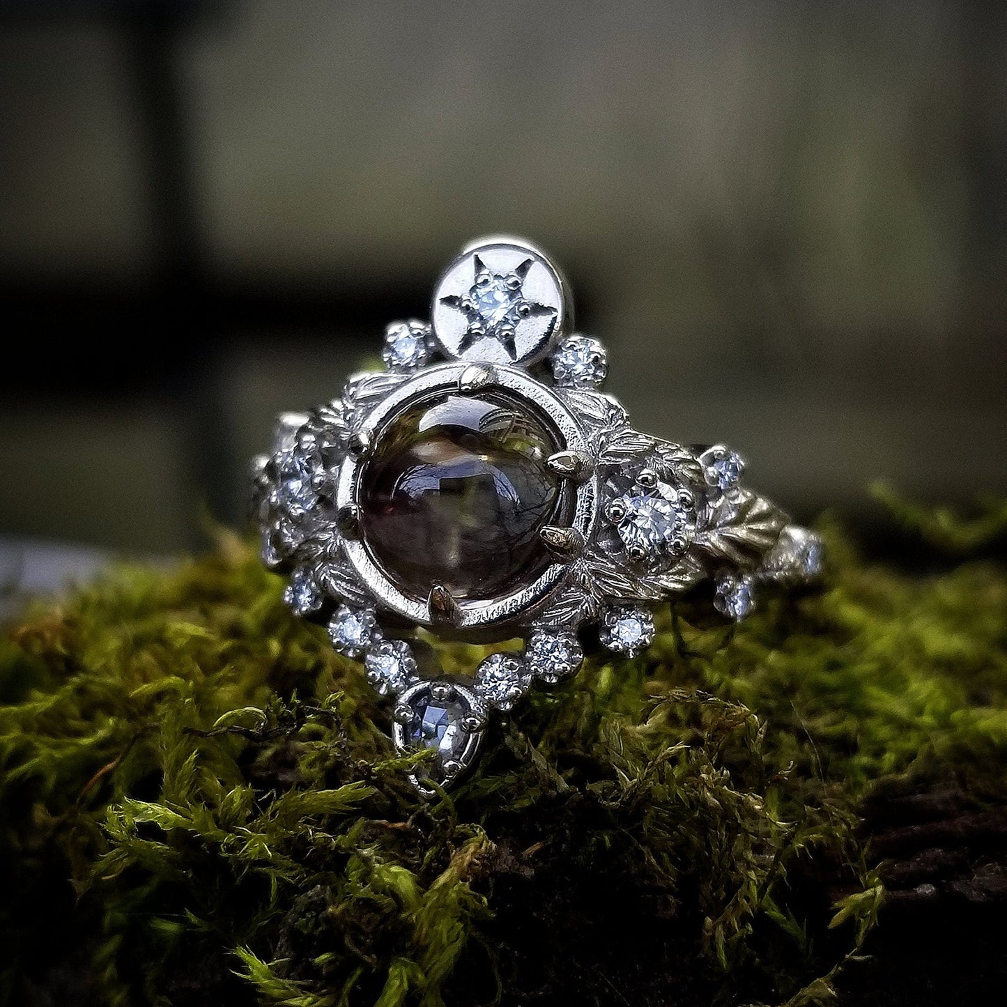 Freya Engagement Ring with Leaves and Pear Salt & Pepper Diamond - Custom Pick your Center Stone - 14k White Gold, Yellow Gold or Rose Gold