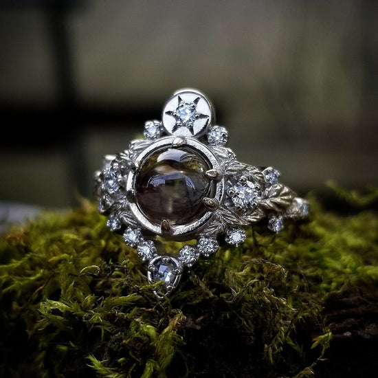 Freya Engagement Ring with Leaves and Pear Salt & Pepper Diamond - Custom Pick your Center Stone - 14k White Gold, Yellow Gold or Rose Gold