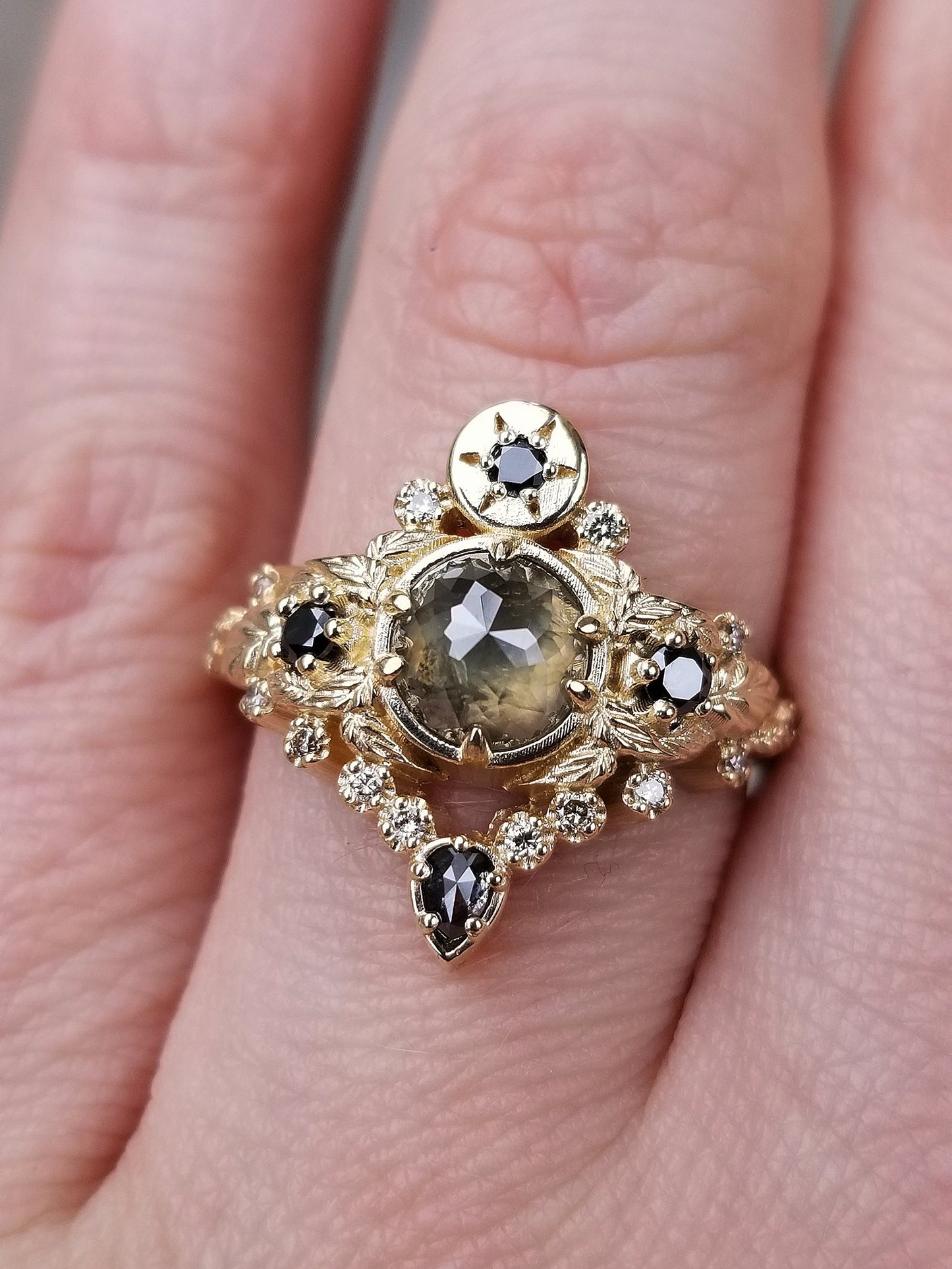 Load image into Gallery viewer, Freya Engagement Ring with Leaves and Pear Salt &amp;amp; Pepper Diamond - Custom Pick your Center Stone - 14k White Gold, Yellow Gold or Rose Gold
