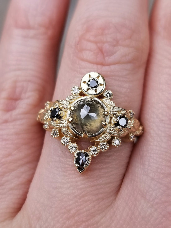 Freya Engagement Ring with Leaves and Pear Salt & Pepper Diamond - Custom Pick your Center Stone - 14k White Gold, Yellow Gold or Rose Gold