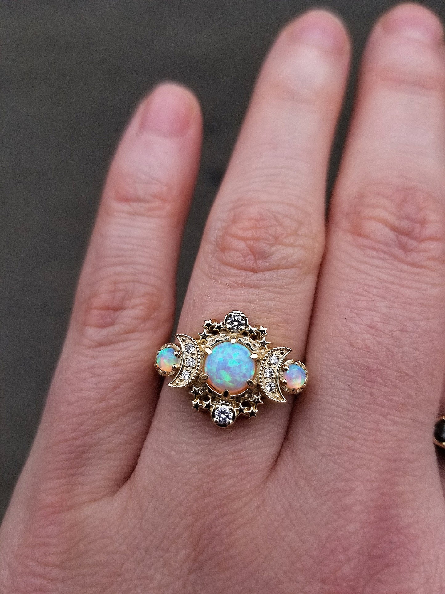 Lab Opal Cosmos Moon Engagement Ring - Rose Gold Celestial 3 Stone Diamond Ring