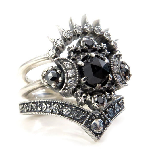 Load image into Gallery viewer, Ready to Ship Size 6 - 8 - Dark Cosmos Moon Engagement Ring Set Silver Crescent &amp;amp; Luna Diadem Chevron Wedding Band  Black and White Diamonds
