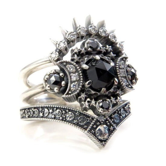 Load image into Gallery viewer, Dark Cosmos Moon Engagement Ring Set Silver Crescent &amp;amp; Luna Diadem Chevron Wedding Band -  Black and White Diamonds - Sunray Crown Ring
