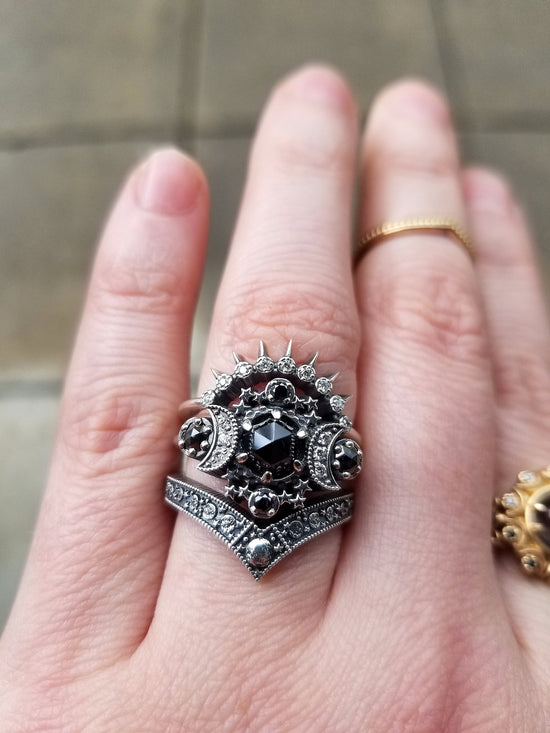 Load image into Gallery viewer, Dark Cosmos Moon Engagement Ring Set Silver Crescent &amp;amp; Luna Diadem Chevron Wedding Band -  Black and White Diamonds - Sunray Crown Ring
