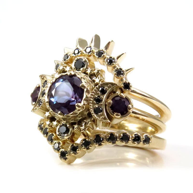 Black Diamond & Alexandrite Cosmos Yellow Gold Crescent Moon Engagement Ring Set - Gothic Modern Nature Wedding Rings