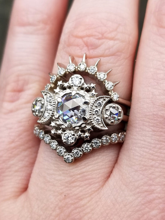 Rose Cut Moissanite and Diamond Cosmos Engagement Ring Set - Diamond Alternative - Ethical Gems Celestial Moon Ring - Low Profile