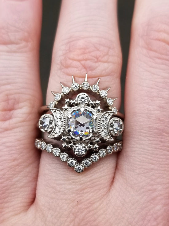 Rose Cut Moissanite and Diamond Cosmos Engagement Ring Set - Diamond Alternative - Ethical Gems Celestial Moon Ring - Low Profile