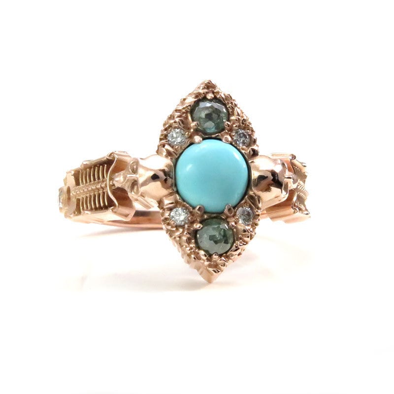 Kingman Turquoise Skeleton Engagement Ring with Green & White Diamonds - 14k Rose Gold - Pastel Goth Unique Wedding Ring Memento Mori