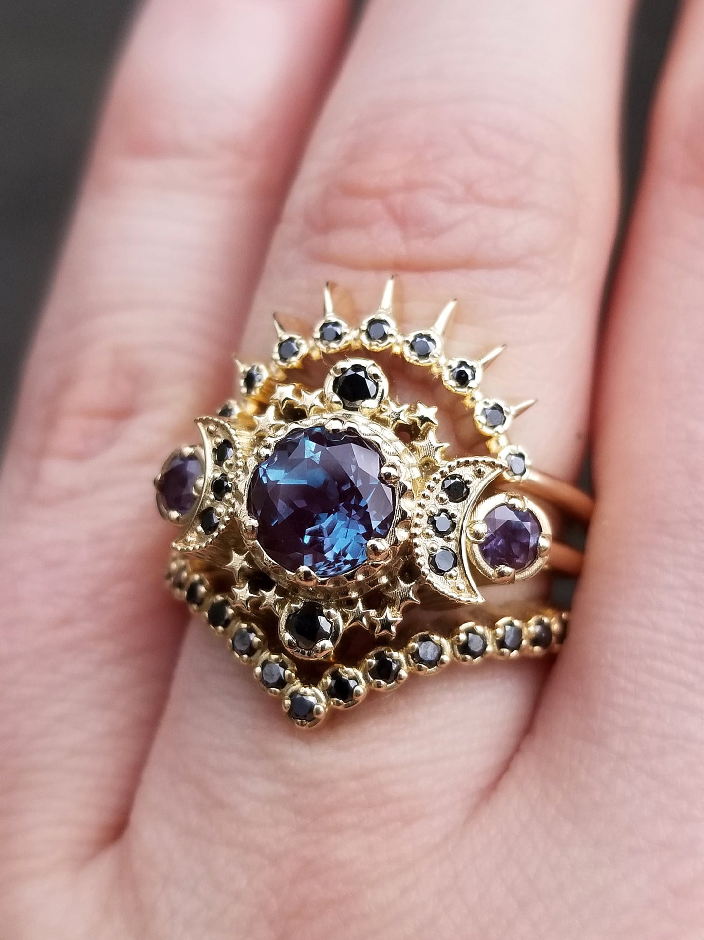 Gothic Black Diamond & Alexandrite Cosmos White Gold Cosmos Triple Moon Engagement Ring Set - Luna Celestial Outer Space Wedding Rings