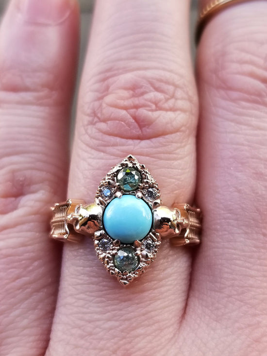 Ready to Ship Size 6 - 8 - Kingman Turquoise Skeleton Engagement Ring with Green & White Diamonds - 14k Rose Gold - Unique Memento Mori