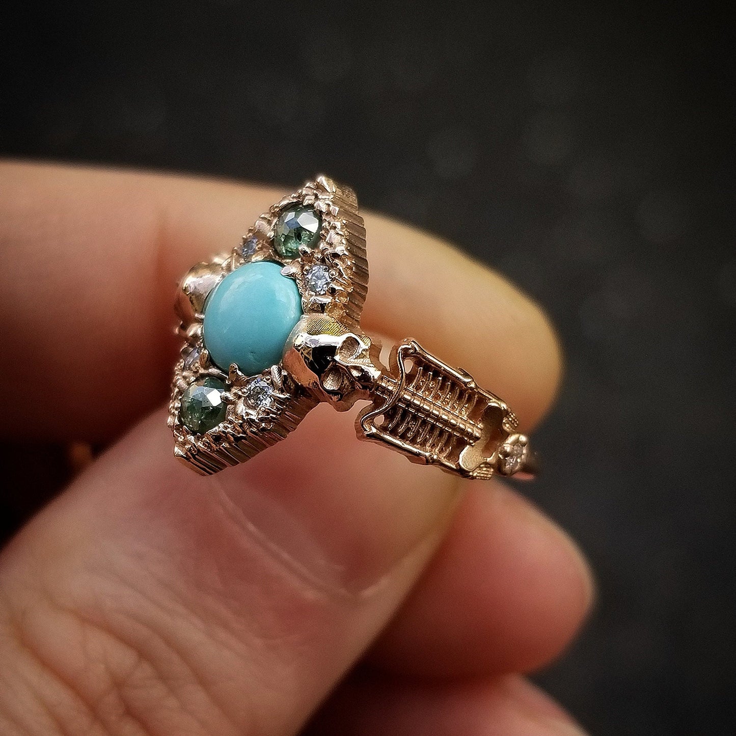 Kingman Turquoise Skeleton Engagement Ring with Green & White Diamonds - 14k Rose Gold - Pastel Goth Unique Wedding Ring Memento Mori
