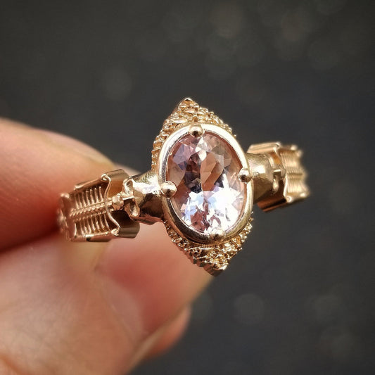 Oval Morganite Skeleton Engagement Ring- 14k Rose Gold - Unusual and Unique Engagement Ring - Mourning Jewelry Keepsake