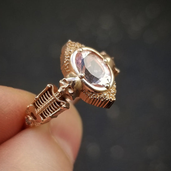 Oval Morganite Skeleton Engagement Ring- 14k Rose Gold - Unusual and Unique Engagement Ring - Mourning Jewelry Keepsake