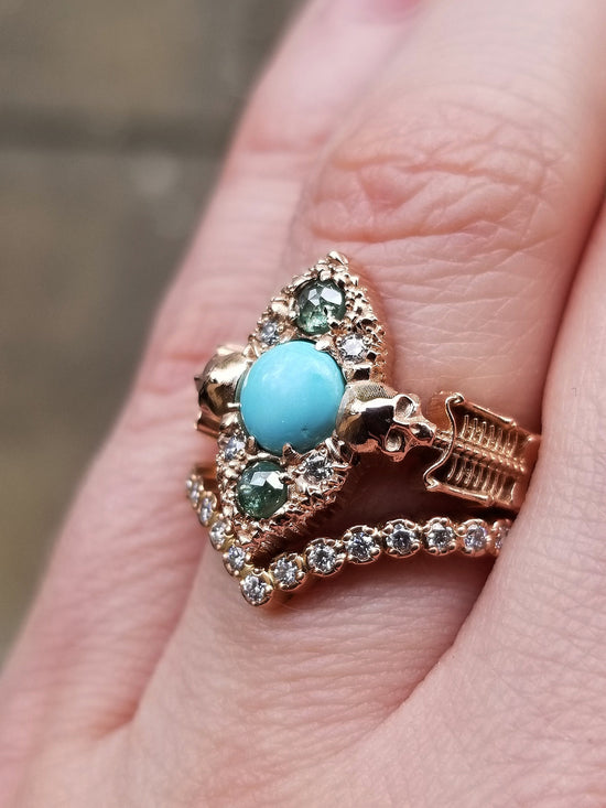 Ready to Ship Size 6 - 8 - Kingman Turquoise Skeleton Engagement Ring with Green & White Diamonds - 14k Rose Gold - Unique Memento Mori