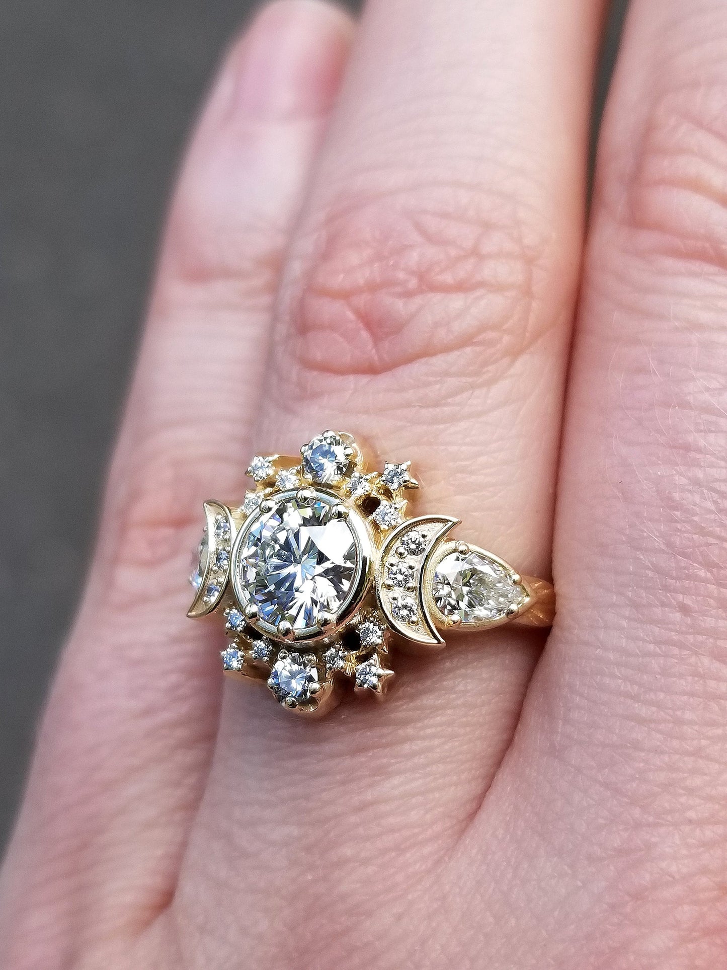 Infinite Cosmos Engagement Ring with Diamond Stars and Crescent Moons - Unique Modern Wedding Ceremony Ring 14k Gold