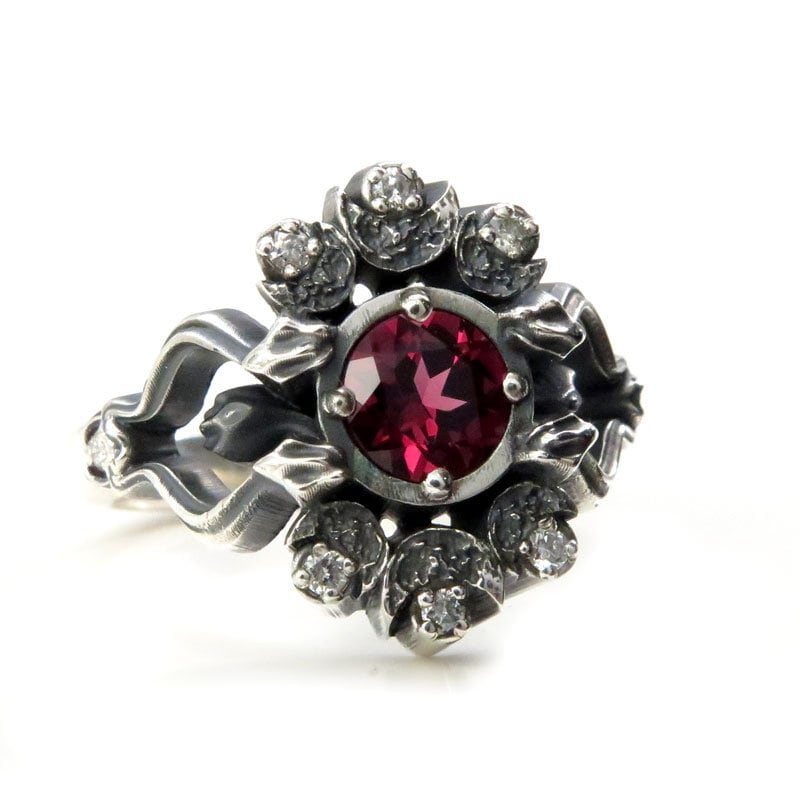 Ready to Ship Size 7.5 - 9.5 - Gothic Snake and Crescent Moon Engagement Ring - Rhodolite Garnet and Silver Galaxy Diamonds