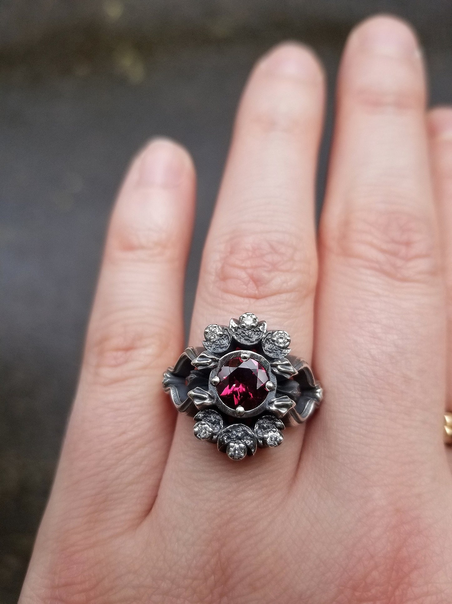 Ready to Ship Size 7.5 - 9.5 - Gothic Snake and Crescent Moon Engagement Ring - Rhodolite Garnet and Silver Galaxy Diamonds