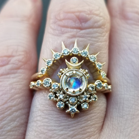 Moon Witch Engagement Ring Set - Moonstone and Diamonds with Sunray Diamond Wedding Band