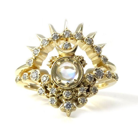 Gold Moon Witch Engagement Ring Set - Rainbow Moonstone and Diamonds w