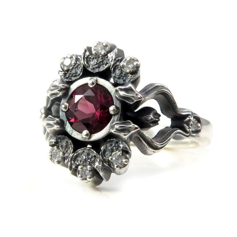 Gothic Snake and Crescent Moon Engagement Ring - Rhodolite Garnet and Silver Galaxy Diamonds