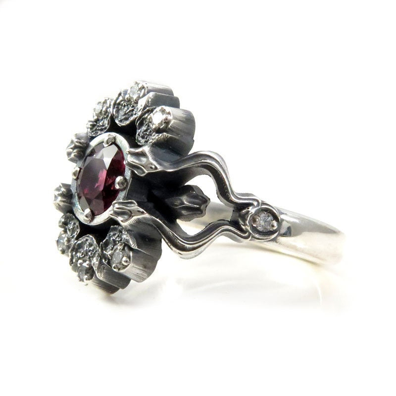 Load image into Gallery viewer, Gothic Snake and Crescent Moon Engagement Ring - Rhodolite Garnet and Silver Galaxy Diamonds

