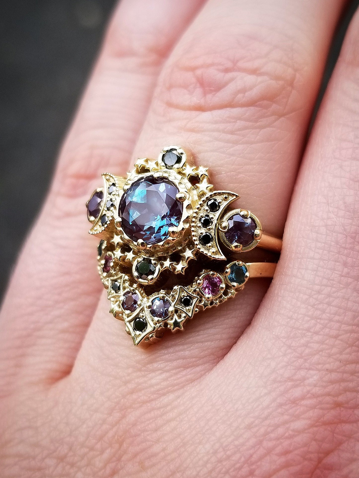 Deep Space Chatham Alexandrite and Black Diamond Cosmos Moon and Star Engagement Ring Set with Nebula Stardust Chevron Wedding Band