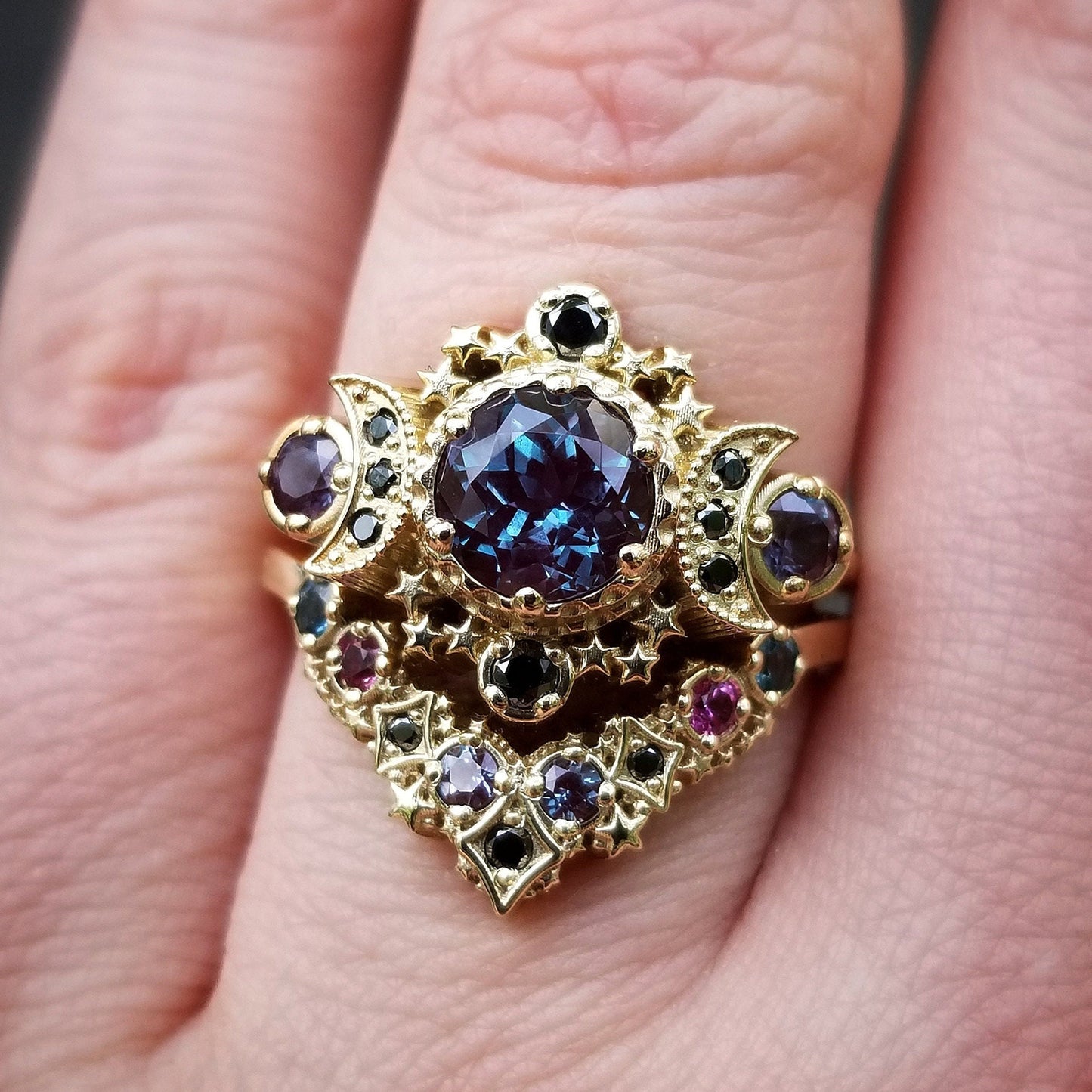 Deep Space Chatham Alexandrite and Black Diamond Cosmos Moon and Star Engagement Ring Set with Nebula Stardust Chevron Wedding Band