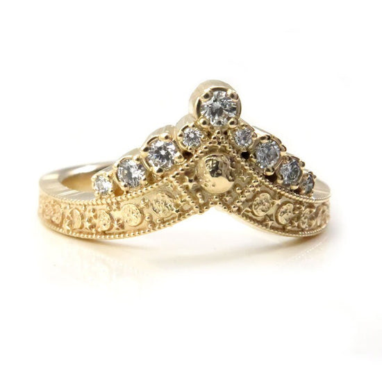 Diamond Luna Diadem Chevron Wedding Band with Moon Phases and Full Moon and Stardust - Stacking Celestial Unique Gold Ring