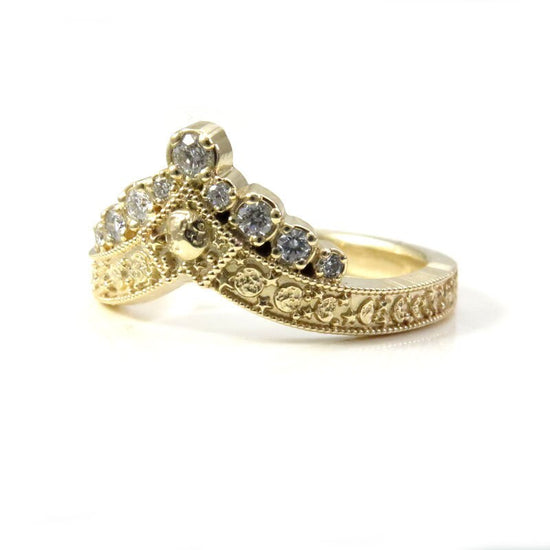 Diamond Luna Diadem Chevron Wedding Band with Moon Phases and Full Moon and Stardust - Stacking Celestial Unique Gold Ring