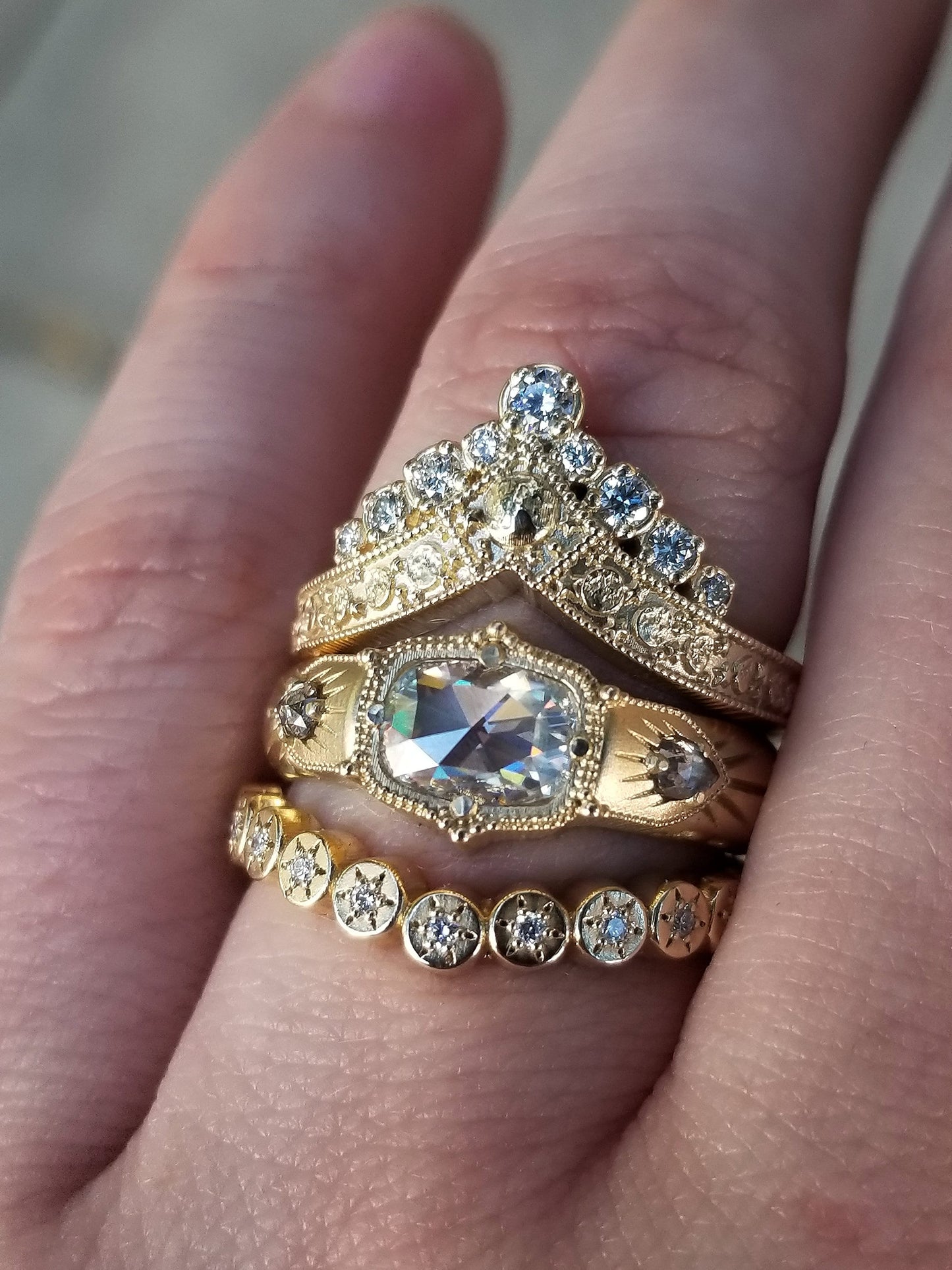 Diamond Luna Diadem Chevron Wedding Band with Moon Phases and Full Moon and Stardust - Stacking Celestial Unique Gold Ring