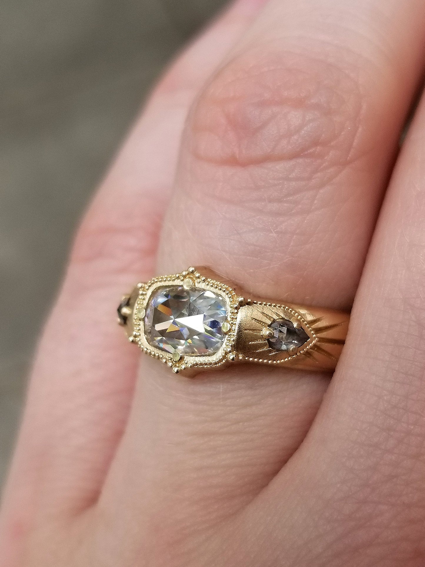 Antique Cushion Moissanite Wide Band Victorian Style Ring with Salt & Pepper Pear Diamonds - Rose Cut Vintage Inspired Engagement Ring