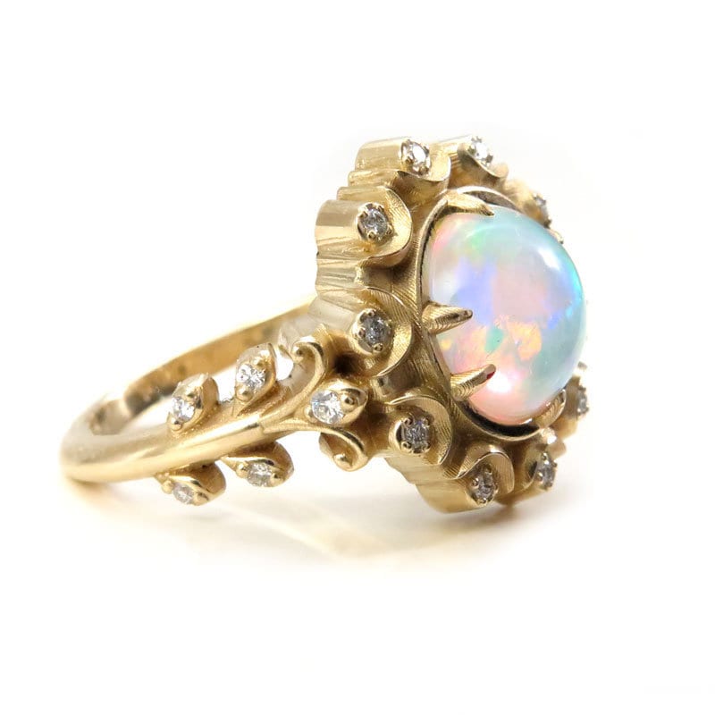 Opal Crystal Ball Ring - Victorian Inspired Giant Opal Ring with Diamonds, Leaves and Tiny Crescent Moons - 14k Yellow Gold Engagement Ring