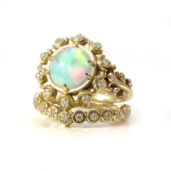 Load image into Gallery viewer, Opal Crystal Ball Engagement Ring Set - Victorian Inspired Giant Opal Ring with Diamonds &amp;amp; Moons - 14k Yellow Gold Sun Disk Wedding Band
