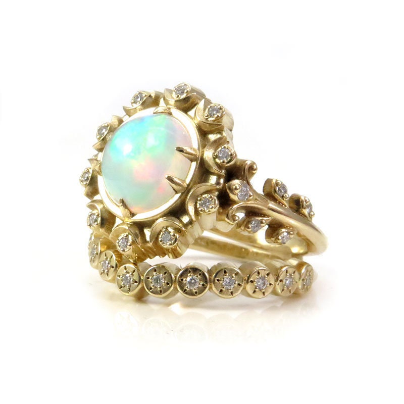 Load image into Gallery viewer, Opal Crystal Ball Engagement Ring Set - Victorian Inspired Giant Opal Ring with Diamonds &amp;amp; Moons - 14k Yellow Gold Sun Disk Wedding Band
