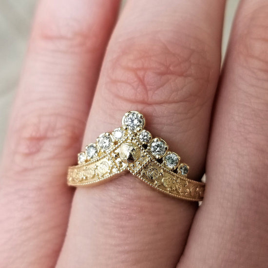 Diamond Luna Diadem Chevron Wedding Band with Moon Phases and Full Moon and Stardust - Stacking Celestial Unique Gold Ring