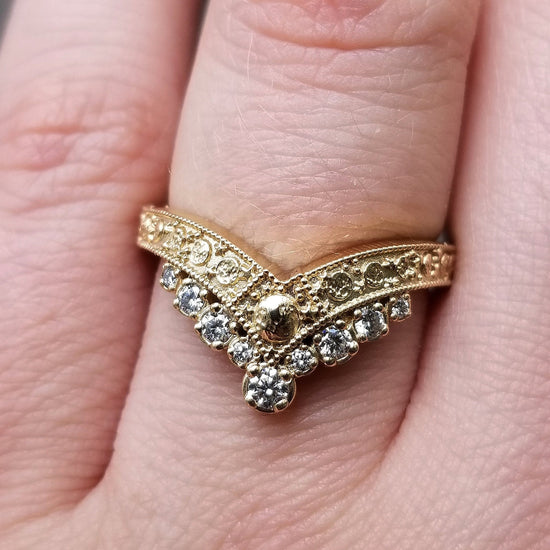 Diamond Luna Diadem Chevron Wedding Band with Moon Phases and Full Moon and Stardust - Stacking Celestial Unique Gold Ring