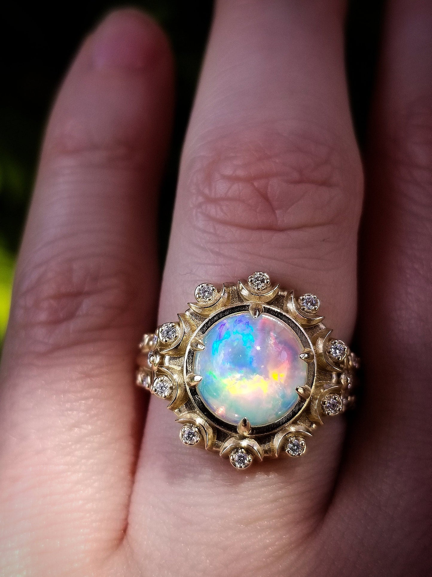 Opal Crystal Ball Ring - Victorian Inspired Giant Opal Ring with Diamonds, Leaves and Tiny Crescent Moons - 14k Yellow Gold Engagement Ring